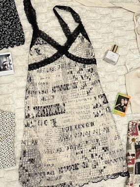 UO Black & White News Print Lace-Trim Slip Dress